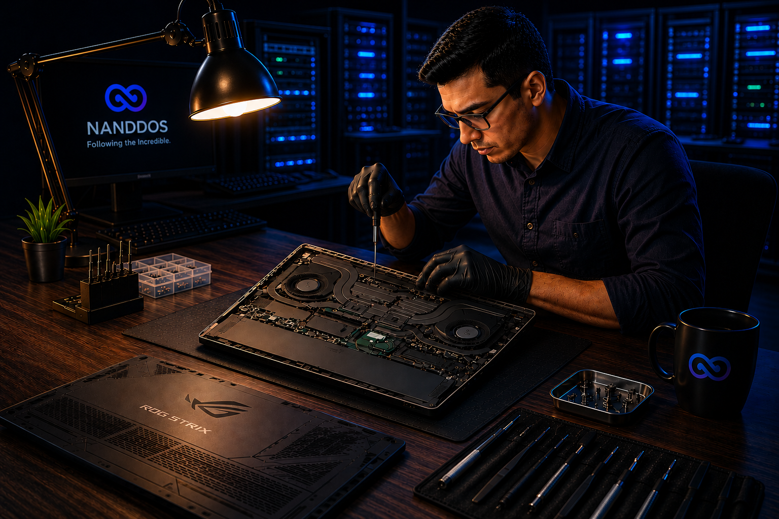 Técnico de NANDDOS reparando una laptop
